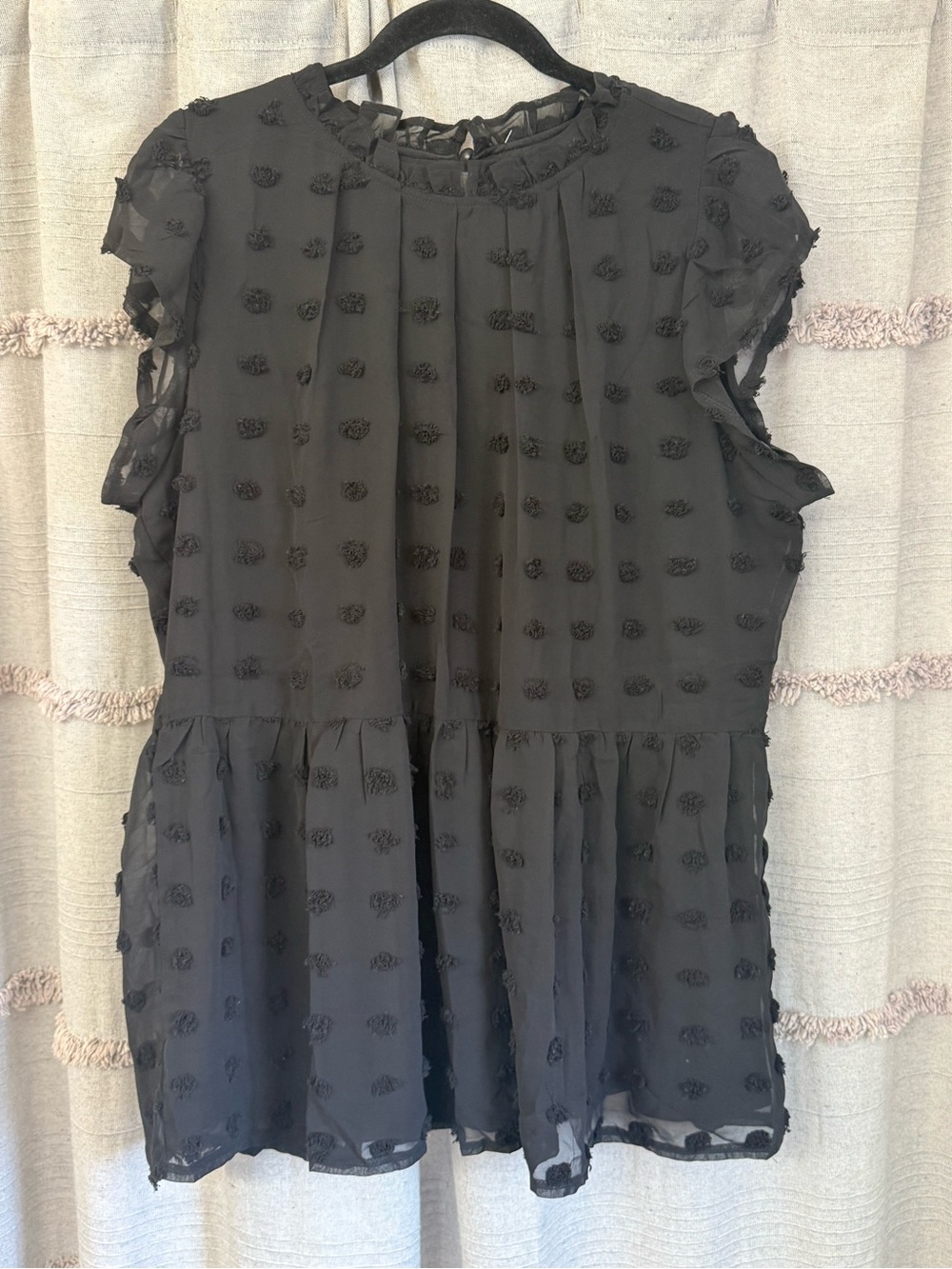 Black Blouse Flowy Top w/Overlay Ruffled Swiss Dot Flowy SIZE XL Romantic